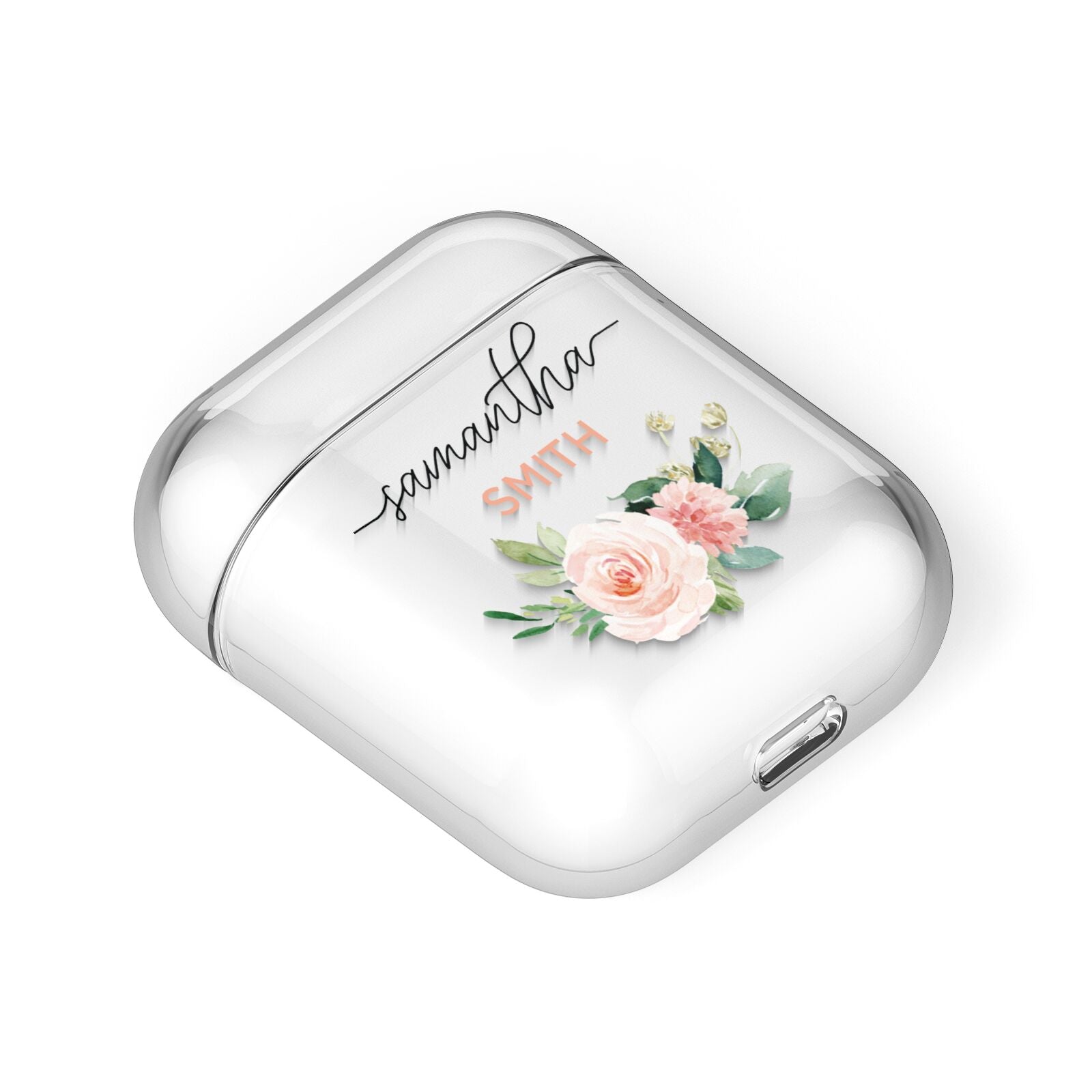 Watercolour Roses Personalised Name AirPods Case Laid Flat