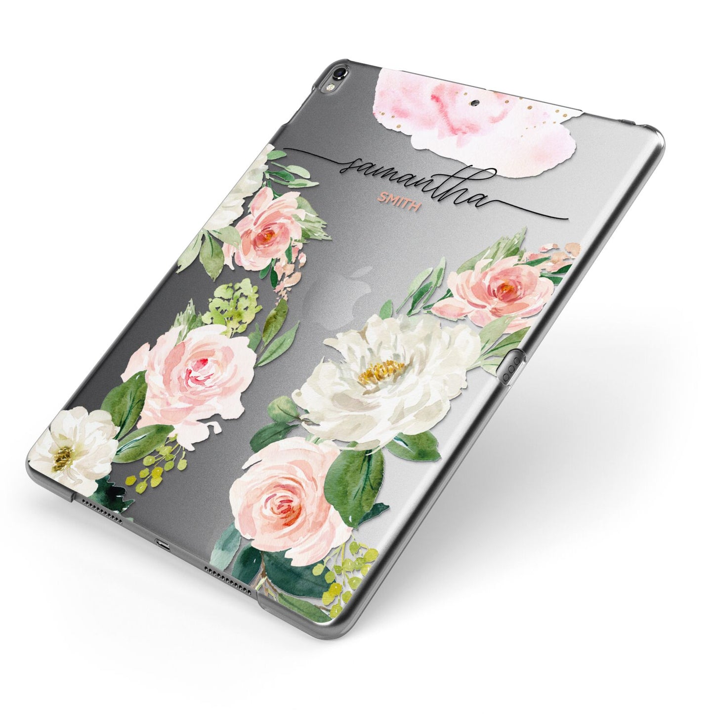 Watercolour Roses Personalised Name Apple iPad Case on Grey iPad Side View