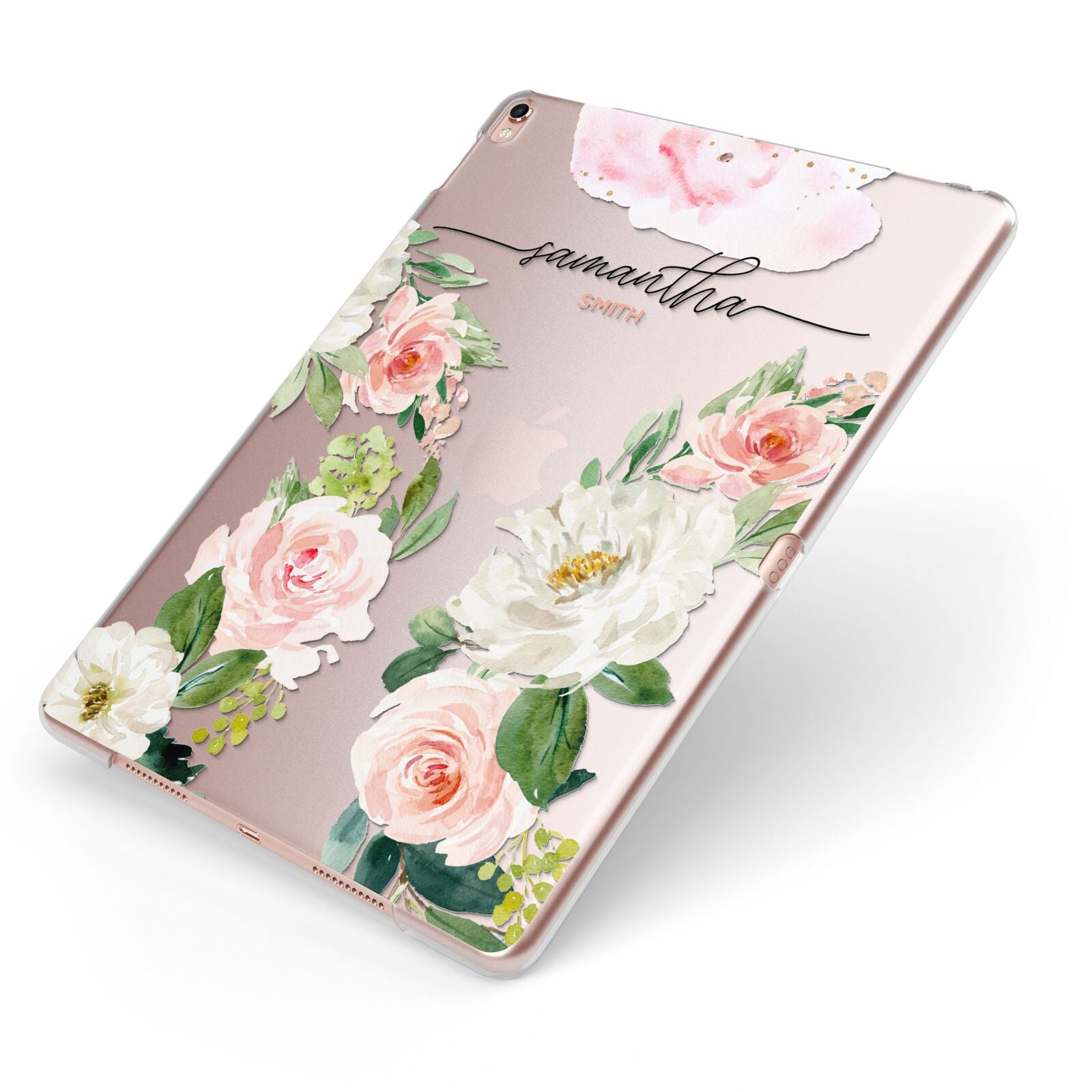 Watercolour Roses Personalised Name Apple iPad Case on Rose Gold iPad Side View