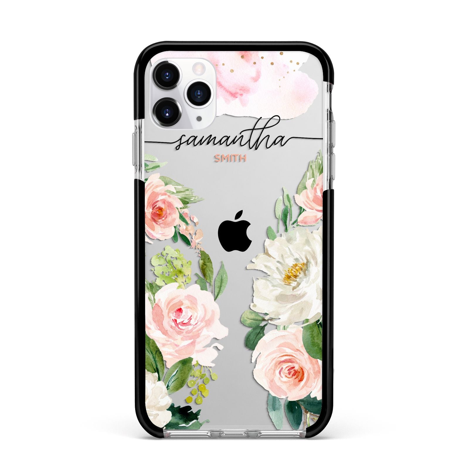 Watercolour Roses Personalised Name Apple iPhone 11 Pro Max in Silver with Black Impact Case