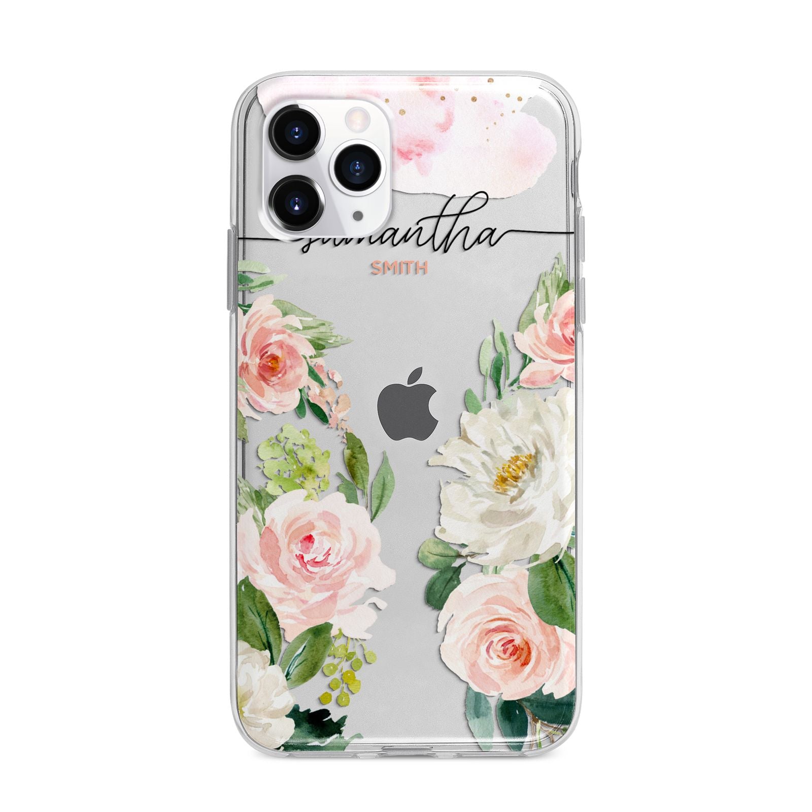 Watercolour Roses Personalised Name Apple iPhone 11 Pro Max in Silver with Bumper Case