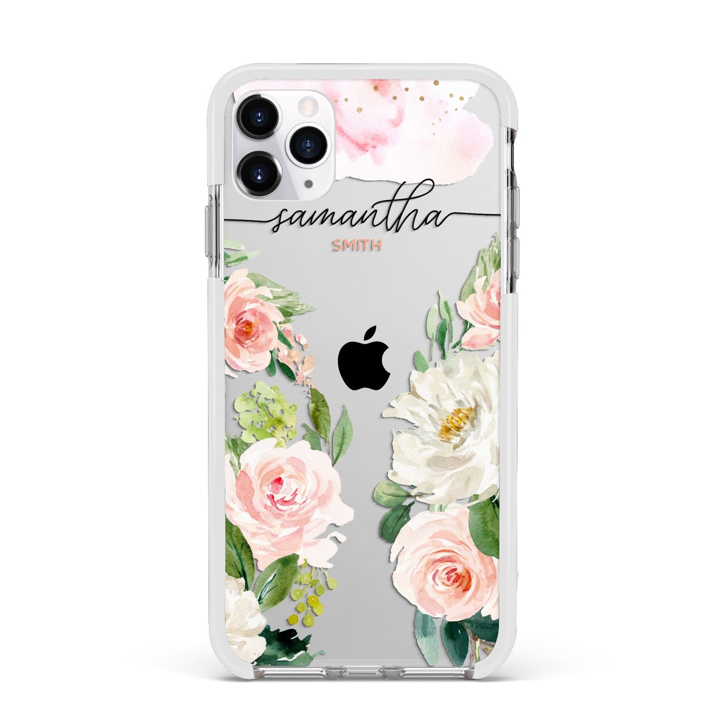 Watercolour Roses Personalised Name Apple iPhone 11 Pro Max in Silver with White Impact Case