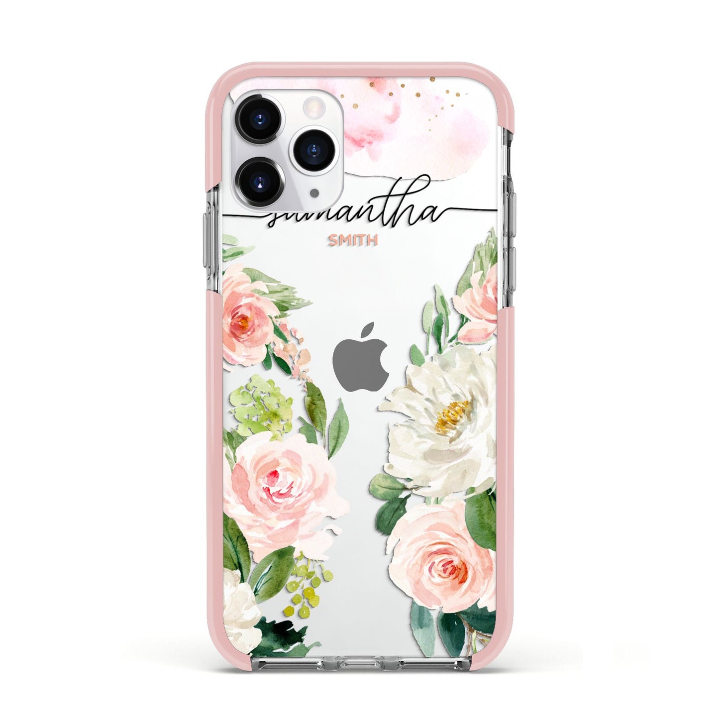 Watercolour Roses Personalised Name Apple iPhone 11 Pro in Silver with Pink Impact Case