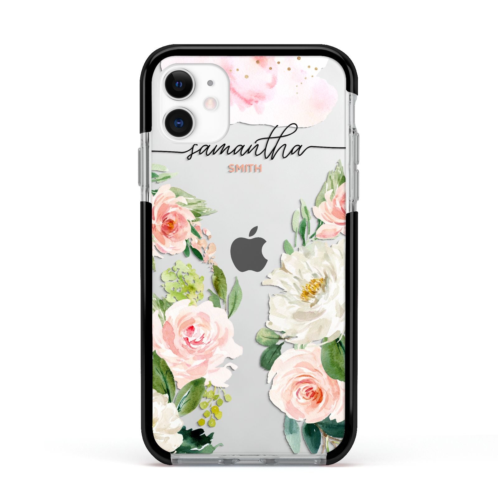 Watercolour Roses Personalised Name Apple iPhone 11 in White with Black Impact Case