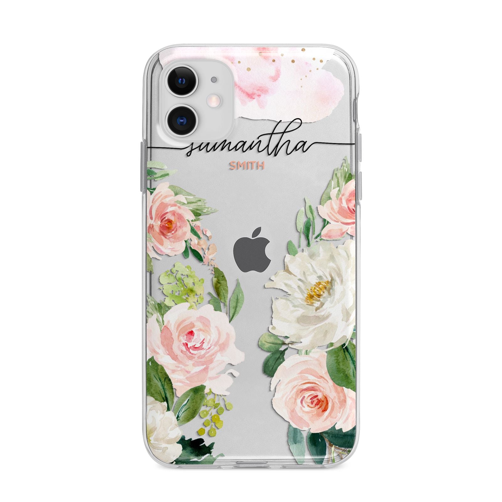 Watercolour Roses Personalised Name Apple iPhone 11 in White with Bumper Case