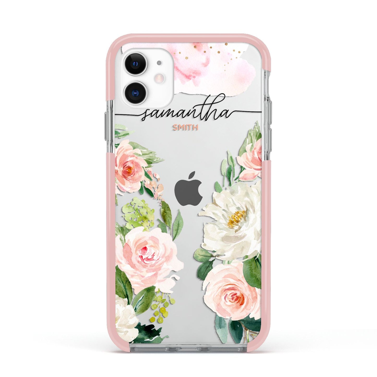 Watercolour Roses Personalised Name Apple iPhone 11 in White with Pink Impact Case