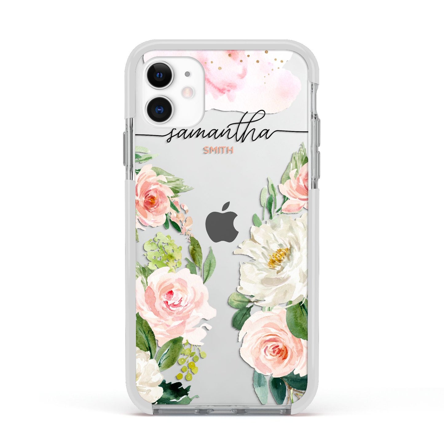 Watercolour Roses Personalised Name Apple iPhone 11 in White with White Impact Case