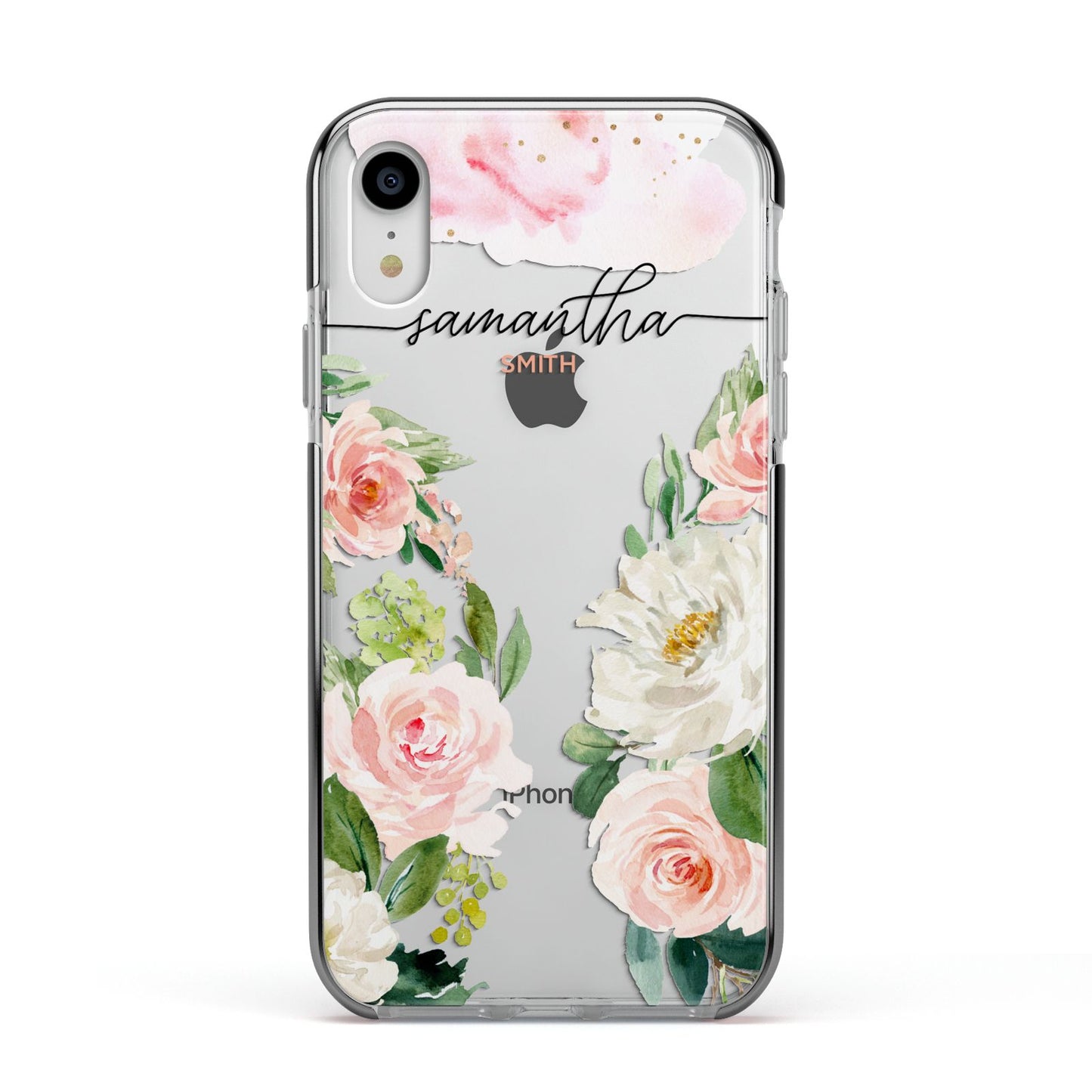 Watercolour Roses Personalised Name Apple iPhone XR Impact Case Black Edge on Silver Phone