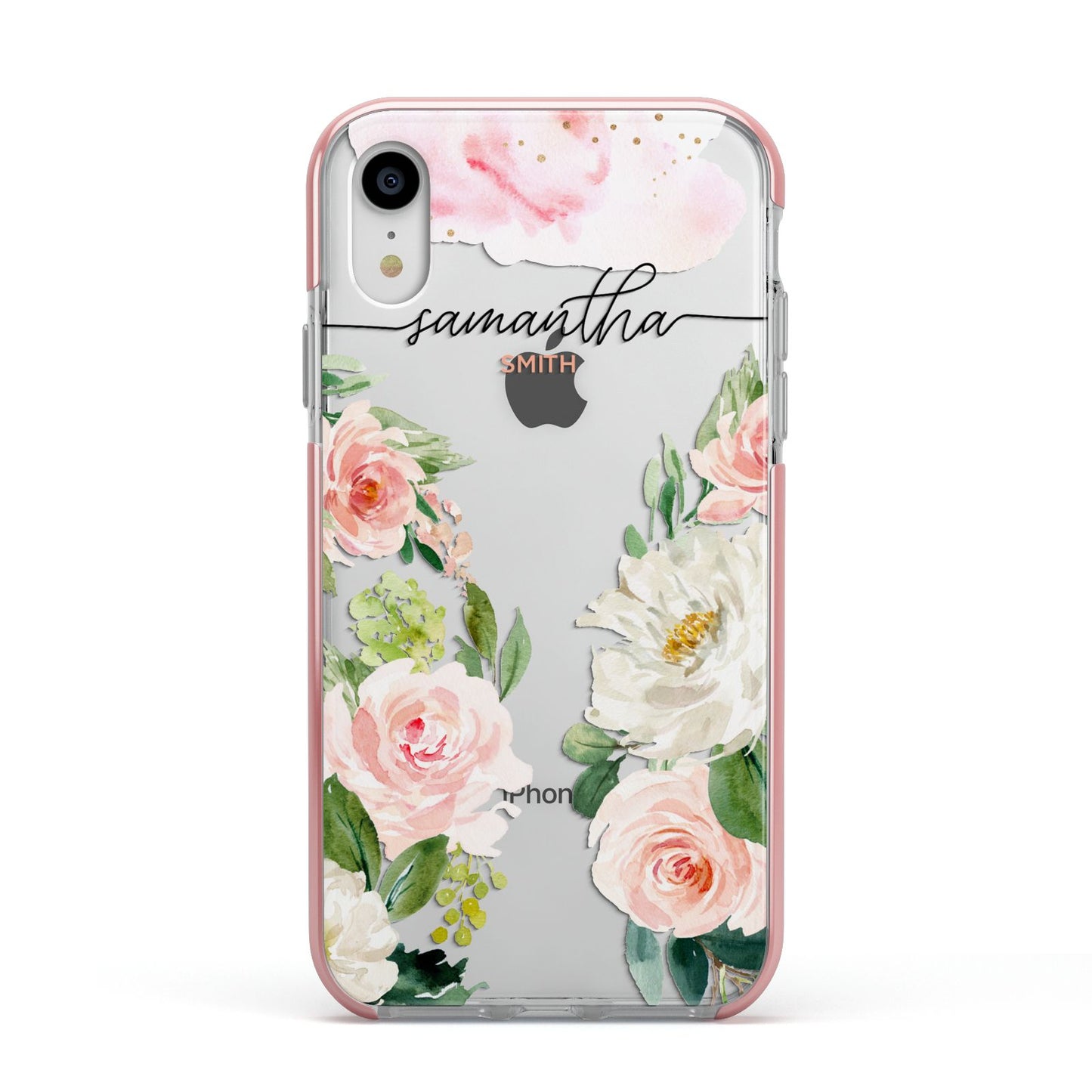 Watercolour Roses Personalised Name Apple iPhone XR Impact Case Pink Edge on Silver Phone
