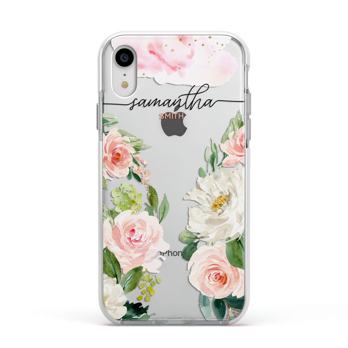 Watercolour Roses Personalised Name Apple iPhone XR Impact Case White Edge on Silver Phone