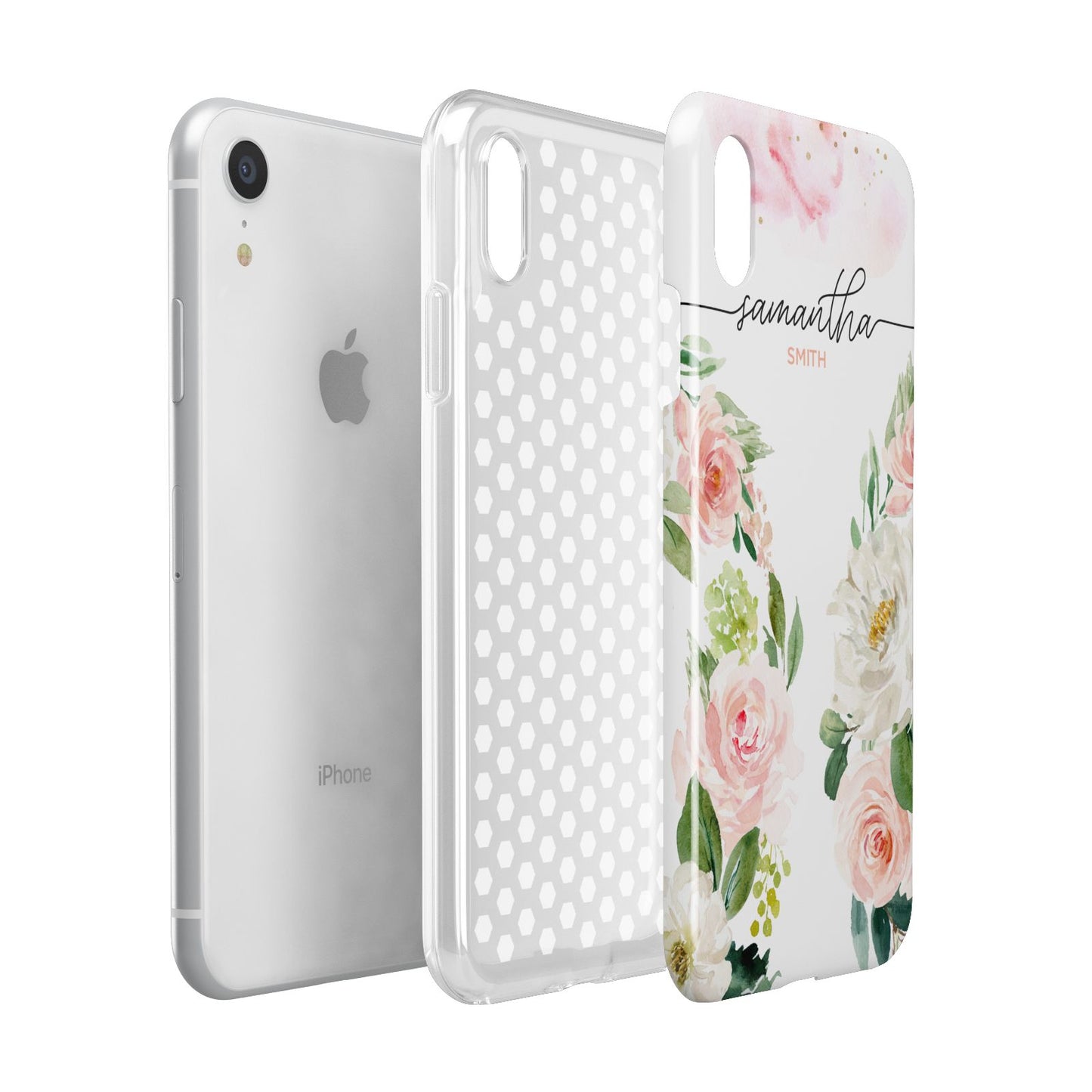 Watercolour Roses Personalised Name Apple iPhone XR White 3D Tough Case Expanded view