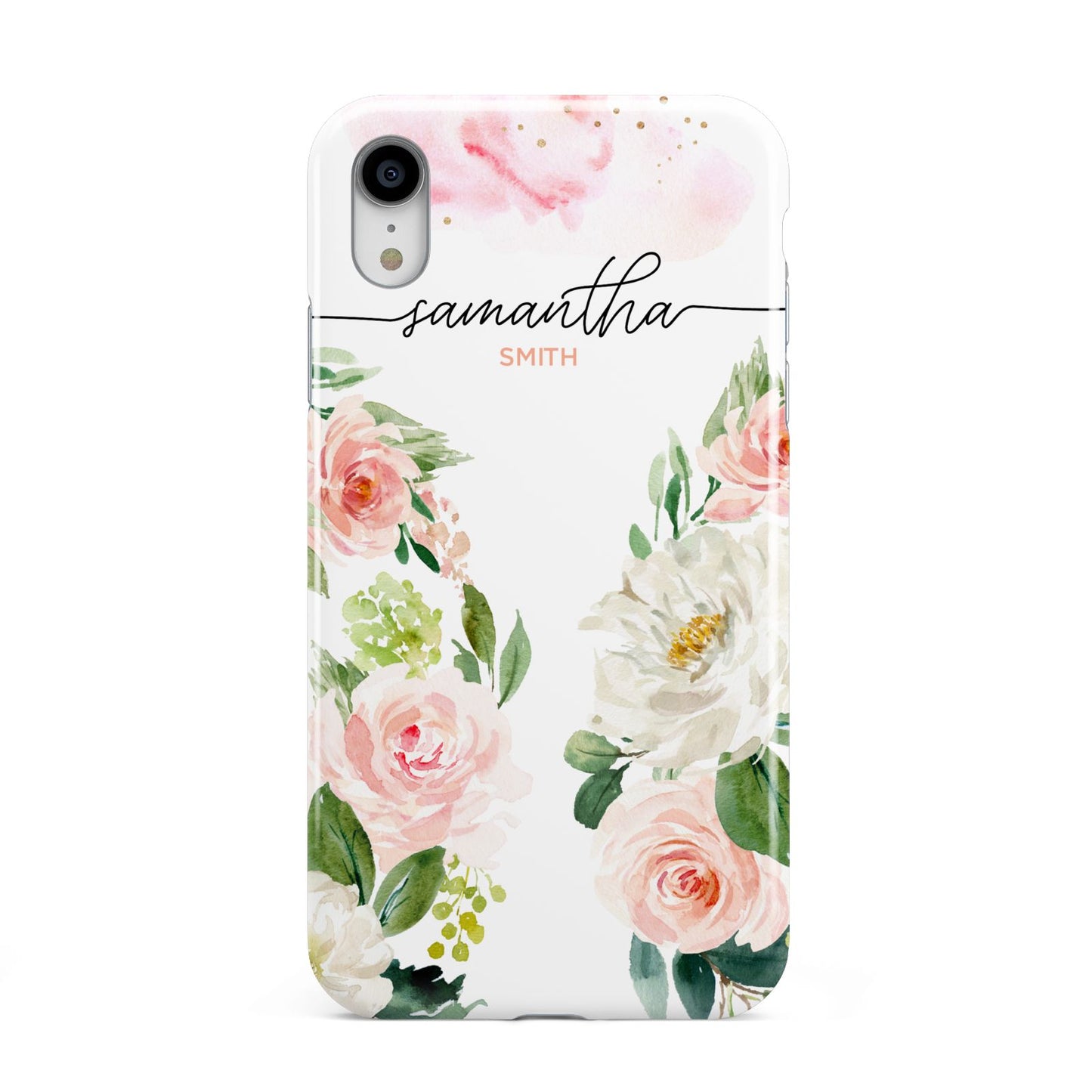 Watercolour Roses Personalised Name Apple iPhone XR White 3D Tough Case