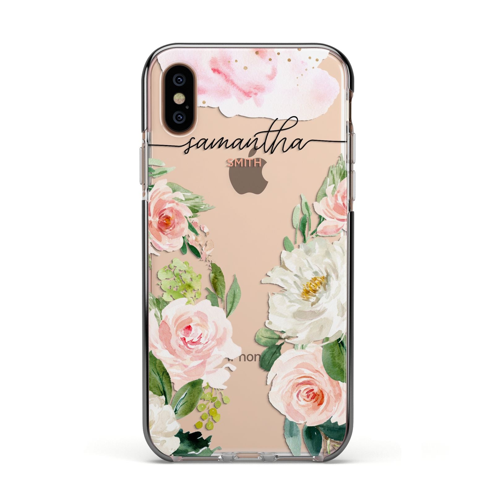 Watercolour Roses Personalised Name Apple iPhone Xs Impact Case Black Edge on Gold Phone