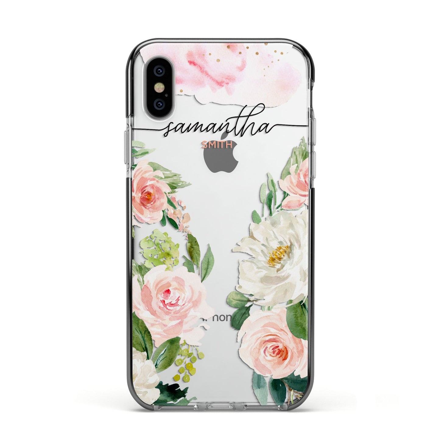 Watercolour Roses Personalised Name Apple iPhone Xs Impact Case Black Edge on Silver Phone