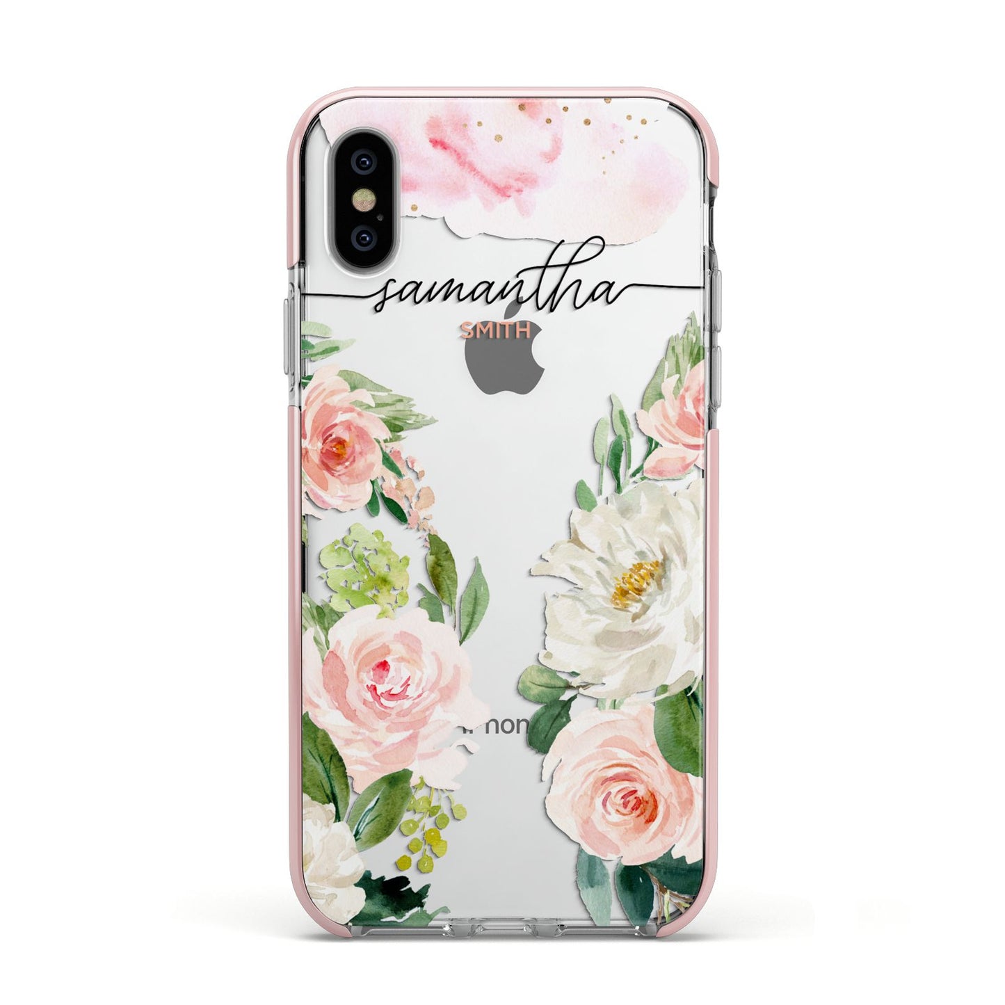 Watercolour Roses Personalised Name Apple iPhone Xs Impact Case Pink Edge on Silver Phone