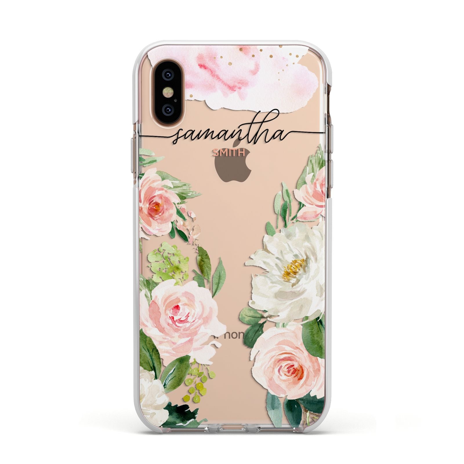 Watercolour Roses Personalised Name Apple iPhone Xs Impact Case White Edge on Gold Phone