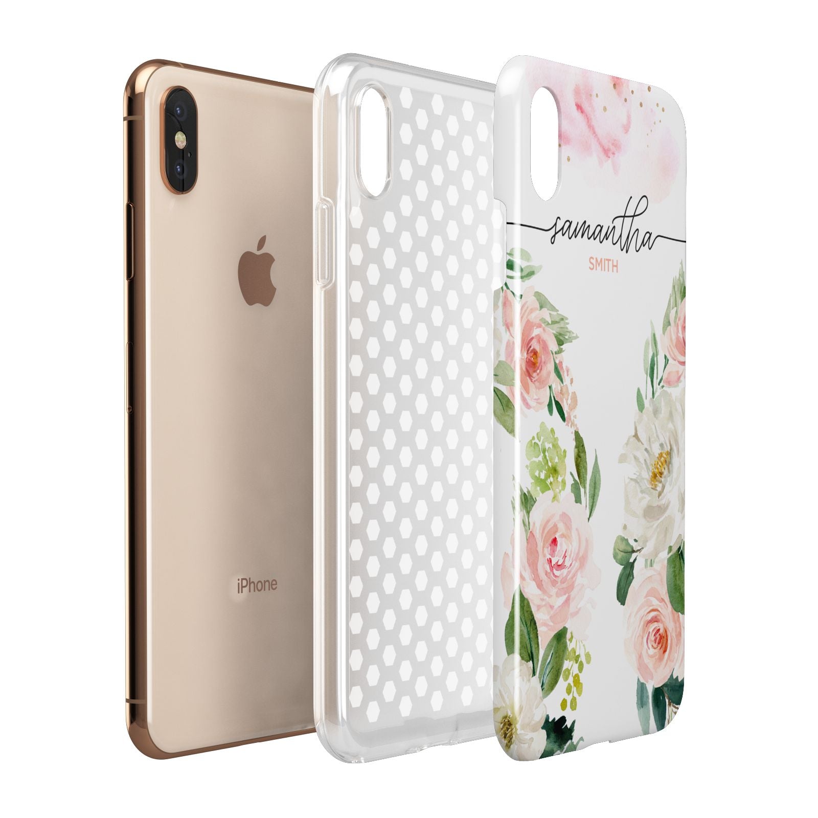 Watercolour Roses Personalised Name Apple iPhone Xs Max 3D Tough Case Expanded View