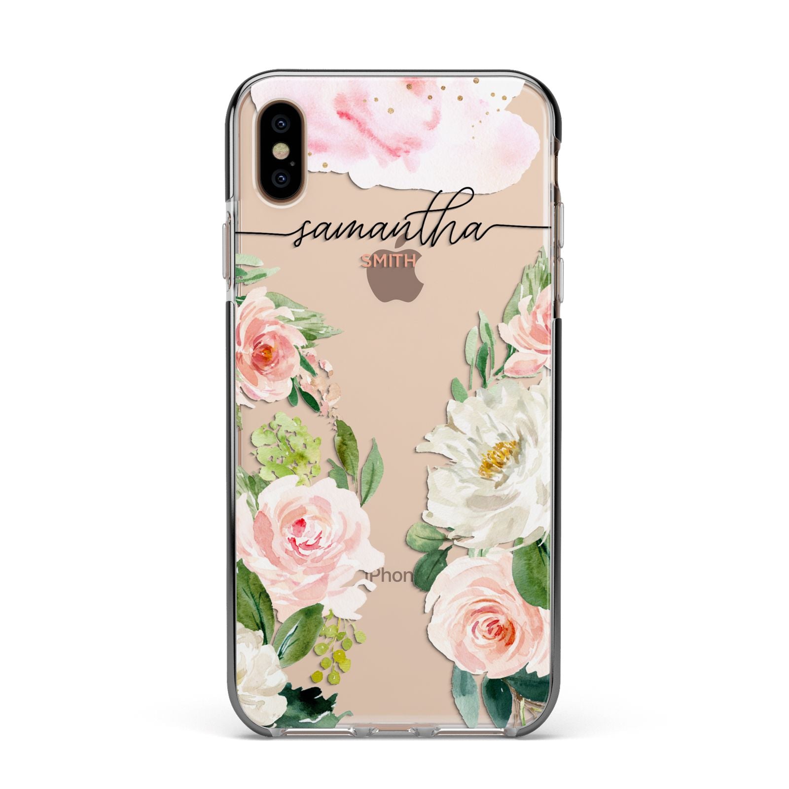 Watercolour Roses Personalised Name Apple iPhone Xs Max Impact Case Black Edge on Gold Phone
