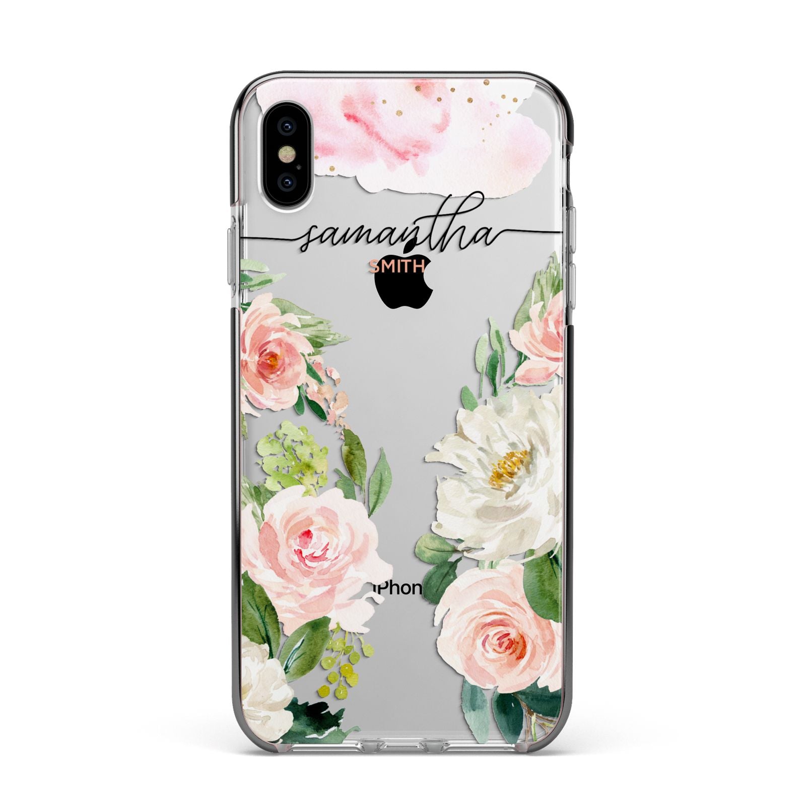 Watercolour Roses Personalised Name Apple iPhone Xs Max Impact Case Black Edge on Silver Phone