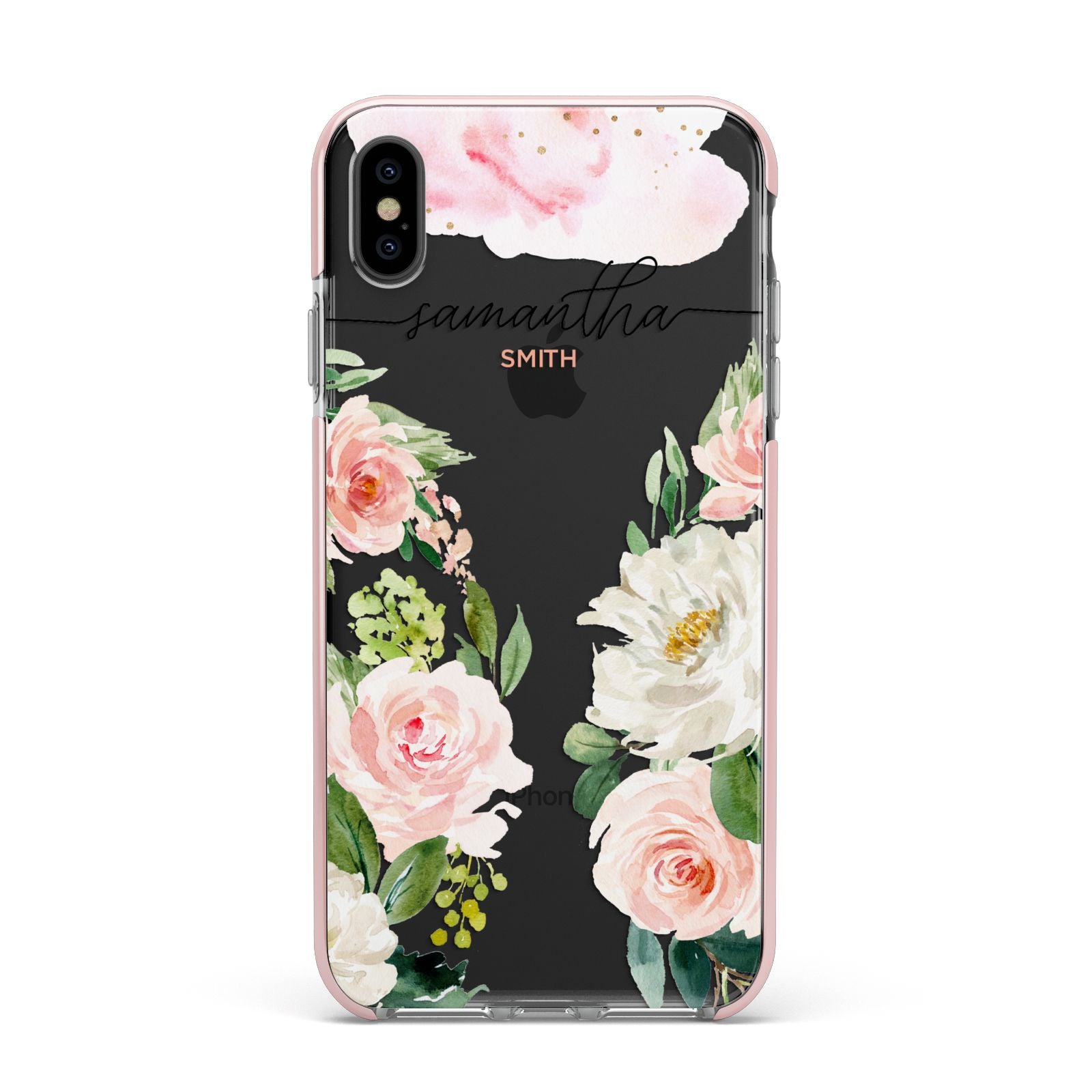Watercolour Roses Personalised Name Apple iPhone Xs Max Impact Case Pink Edge on Black Phone