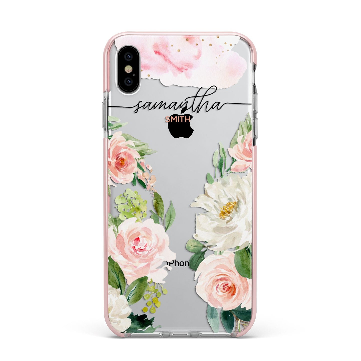 Watercolour Roses Personalised Name Apple iPhone Xs Max Impact Case Pink Edge on Silver Phone