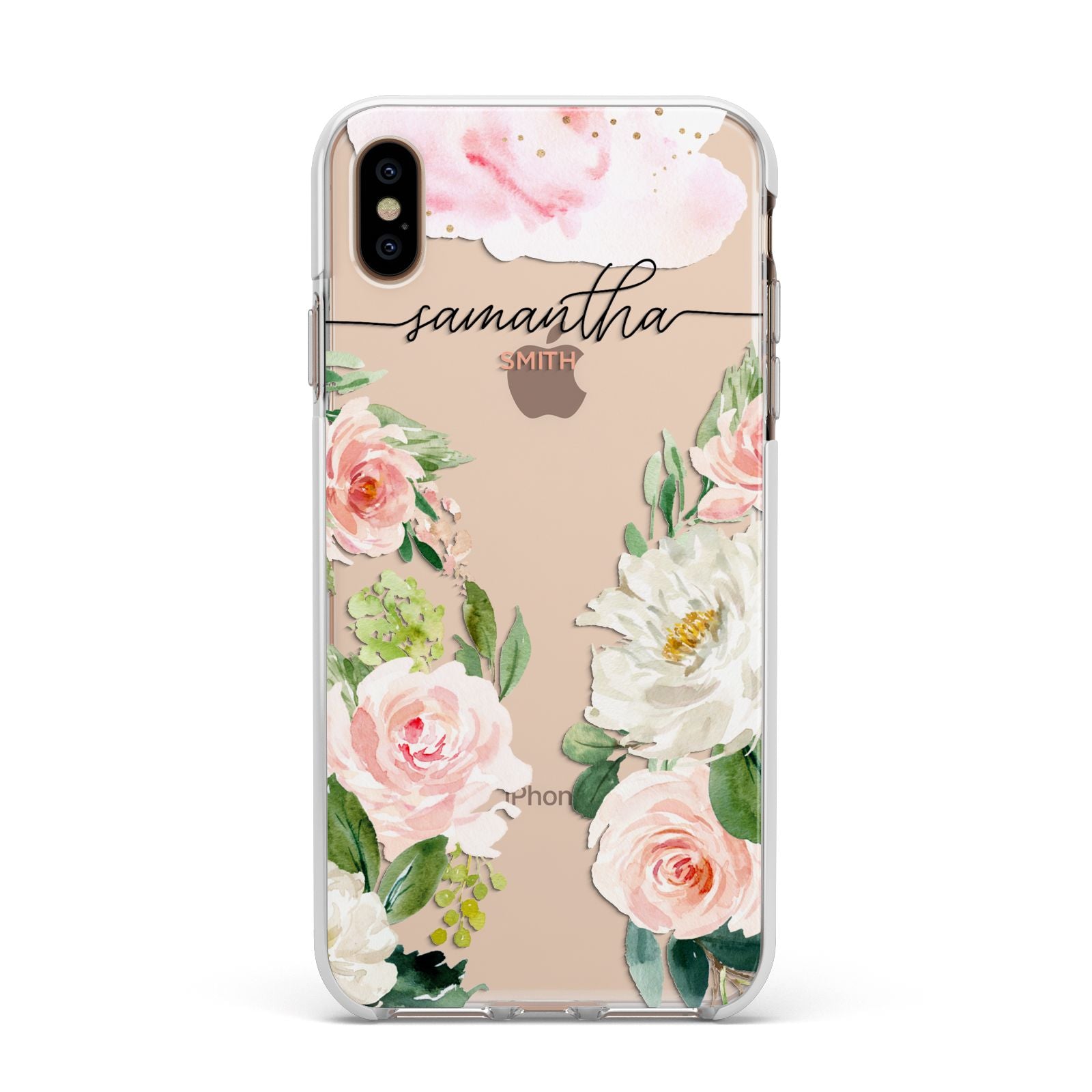Watercolour Roses Personalised Name Apple iPhone Xs Max Impact Case White Edge on Gold Phone