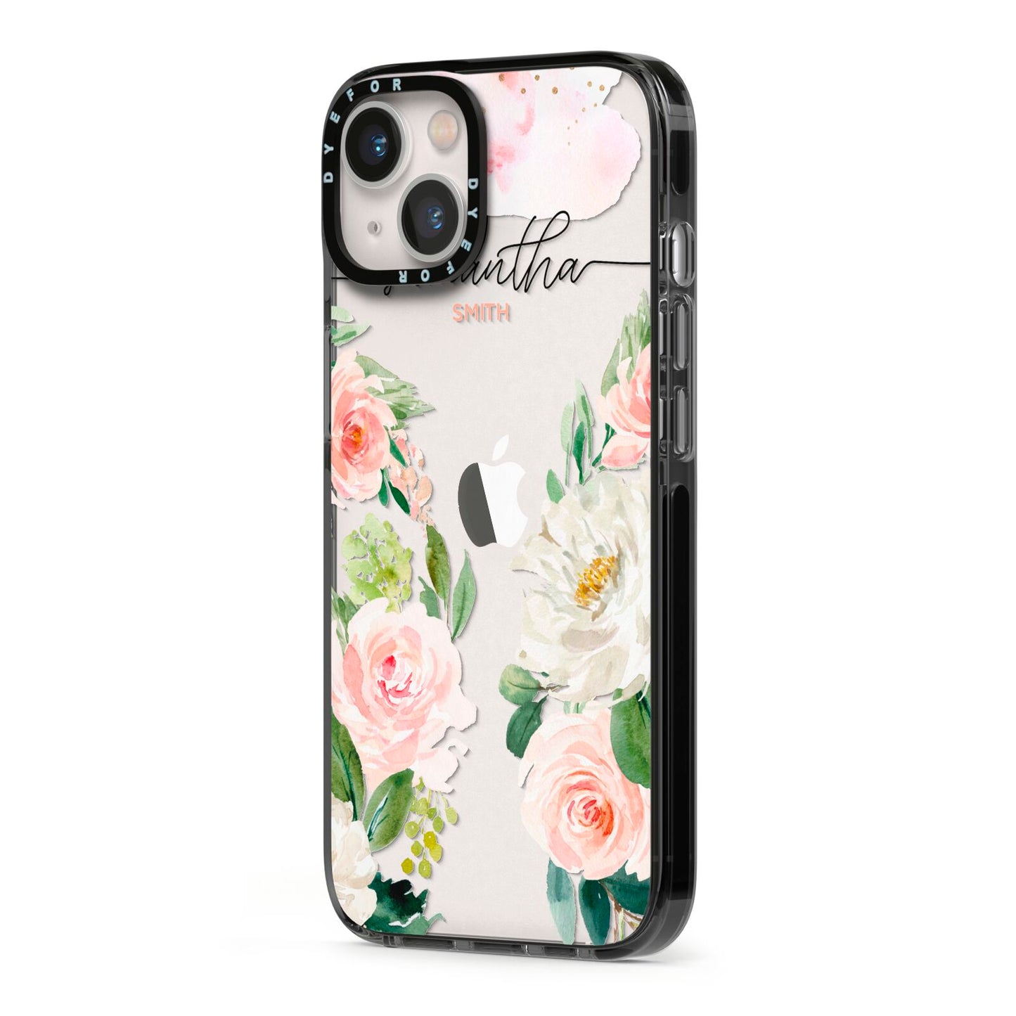 Watercolour Roses Personalised Name iPhone 13 Black Impact Case Side Angle on Silver phone