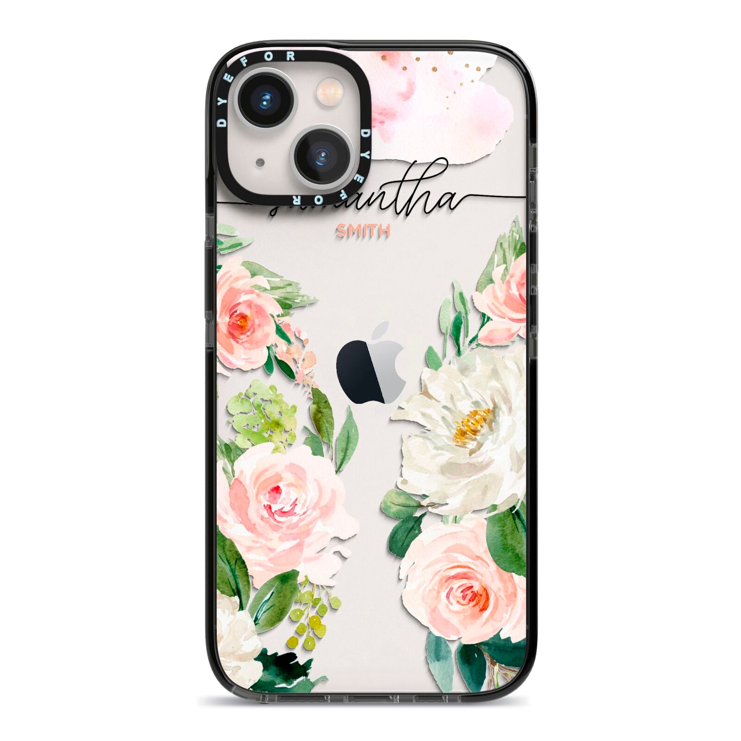 Watercolour Roses Personalised Name iPhone 13 Black Impact Case on Silver phone