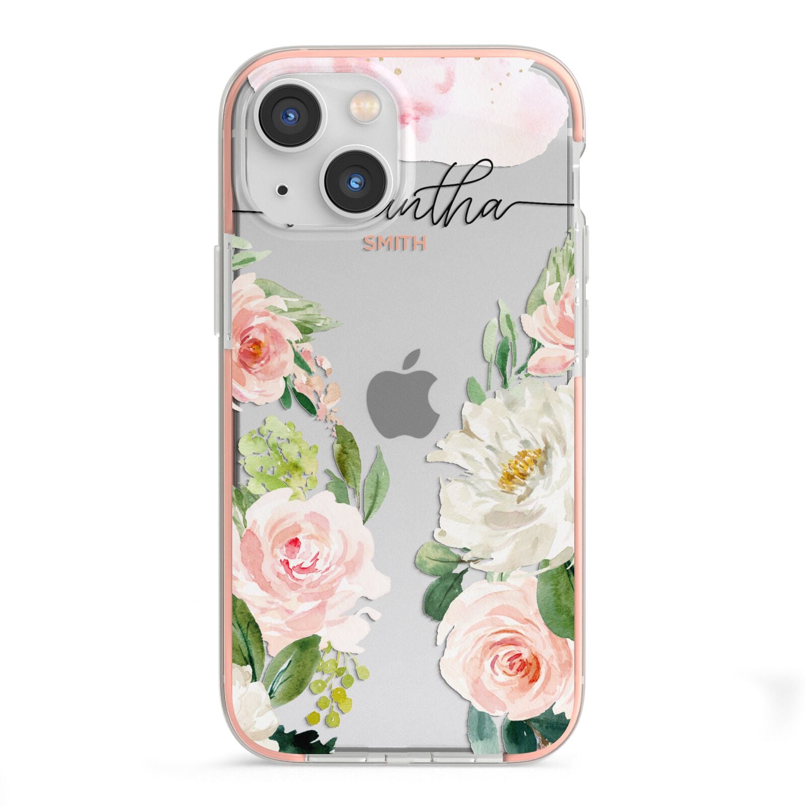 Watercolour Roses Personalised Name iPhone 13 Mini TPU Impact Case with Pink Edges