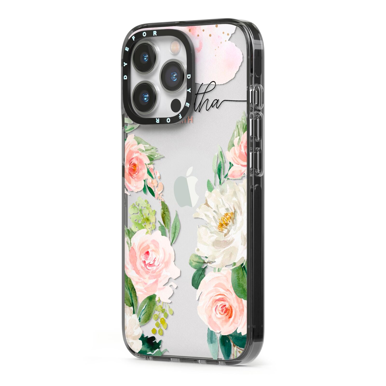 Watercolour Roses Personalised Name iPhone 13 Pro Black Impact Case Side Angle on Silver phone