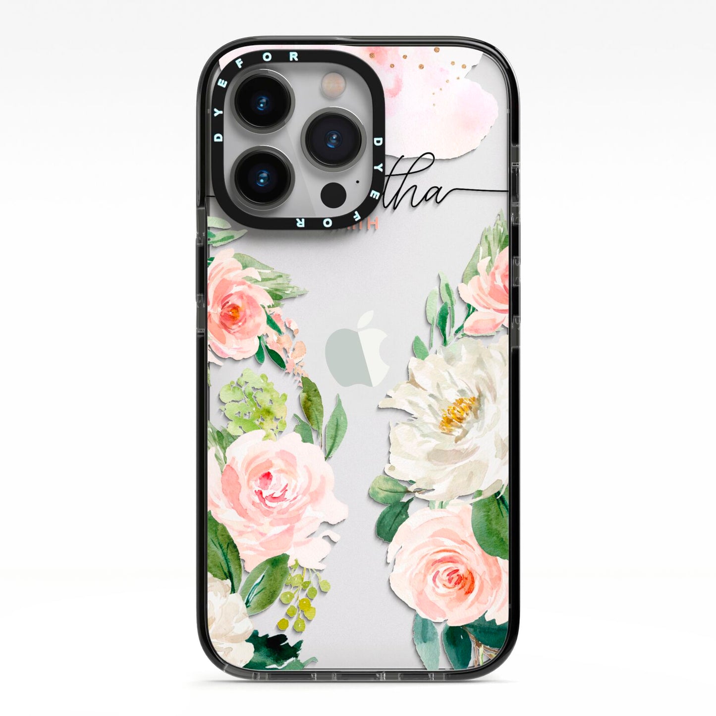 Watercolour Roses Personalised Name iPhone 13 Pro Black Impact Case on Silver phone