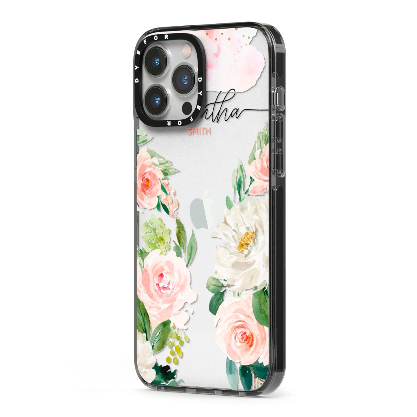 Watercolour Roses Personalised Name iPhone 13 Pro Max Black Impact Case Side Angle on Silver phone