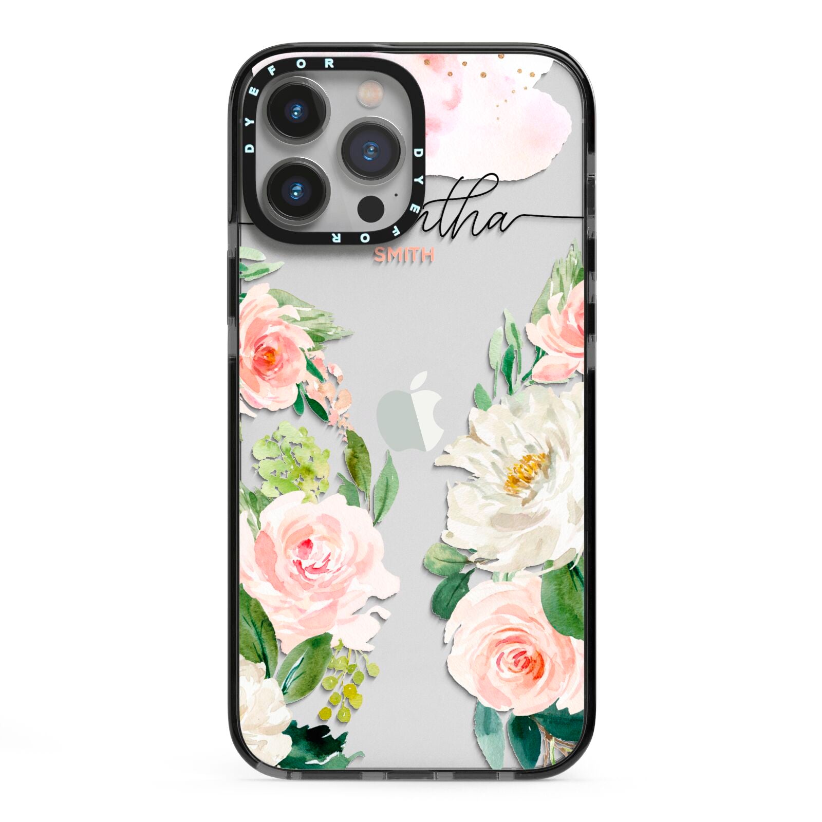 Watercolour Roses Personalised Name iPhone 13 Pro Max Black Impact Case on Silver phone