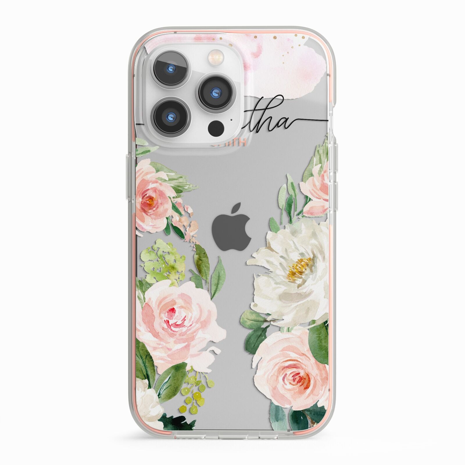 Watercolour Roses Personalised Name iPhone 13 Pro TPU Impact Case with Pink Edges