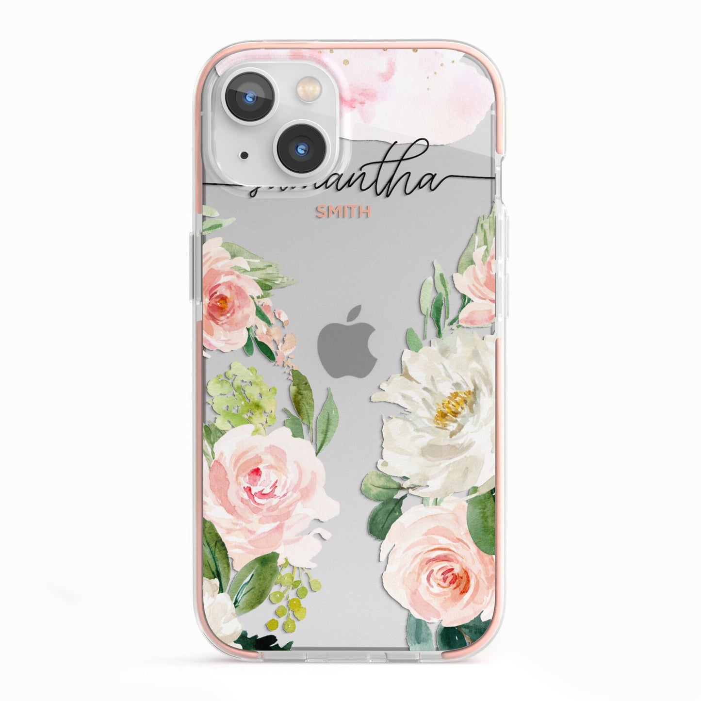 Watercolour Roses Personalised Name iPhone 13 TPU Impact Case with Pink Edges