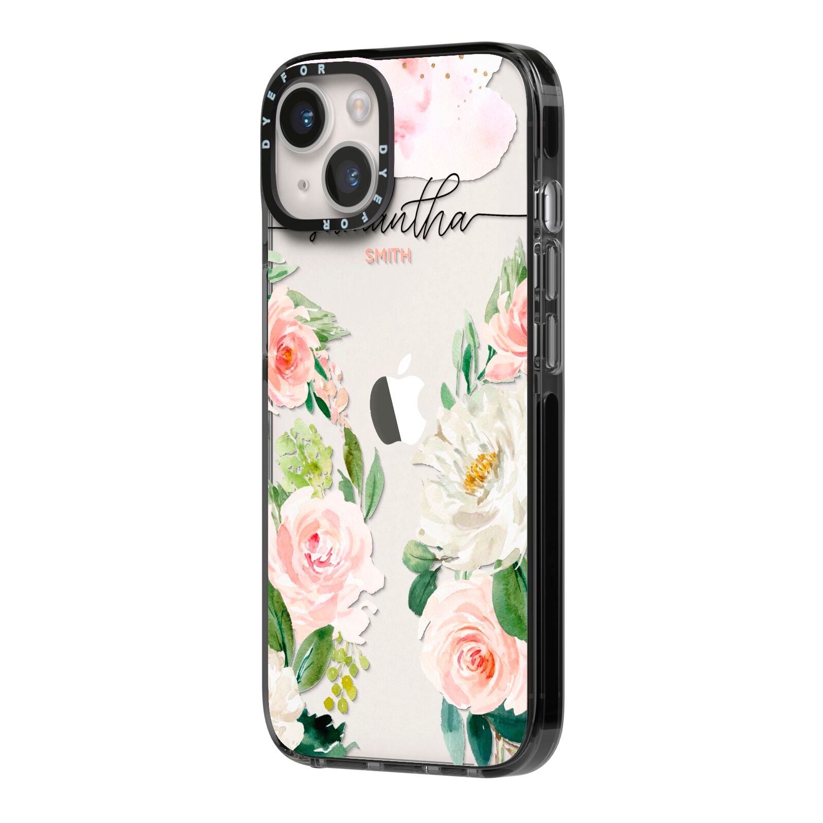 Watercolour Roses Personalised Name iPhone 14 Black Impact Case Side Angle on Silver phone