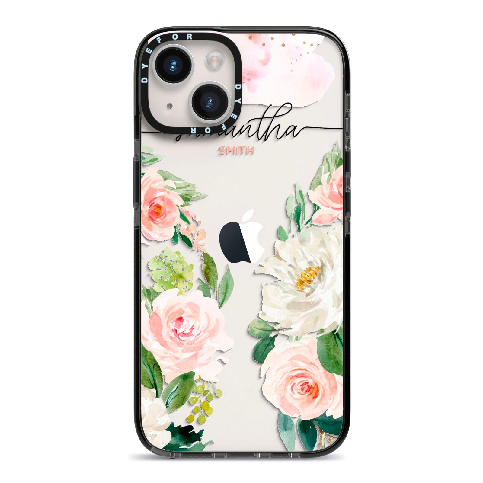 Watercolour Roses Personalised Name iPhone 14 Black Impact Case on Silver phone