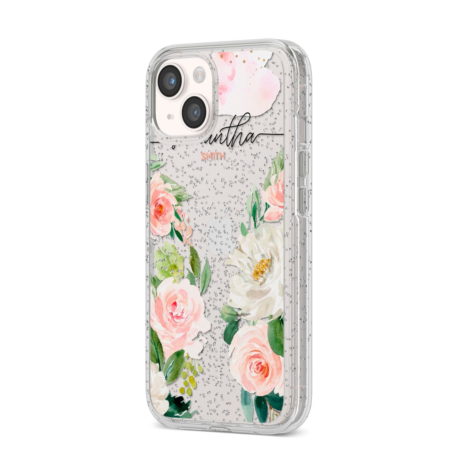 Watercolour Roses Personalised Name iPhone 14 Glitter Tough Case Starlight Angled Image