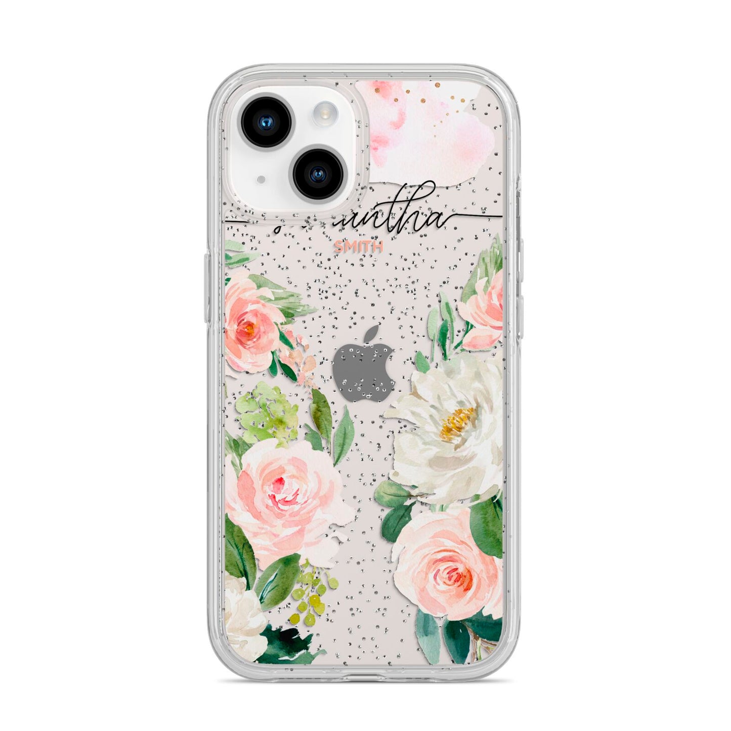 Watercolour Roses Personalised Name iPhone 14 Glitter Tough Case Starlight
