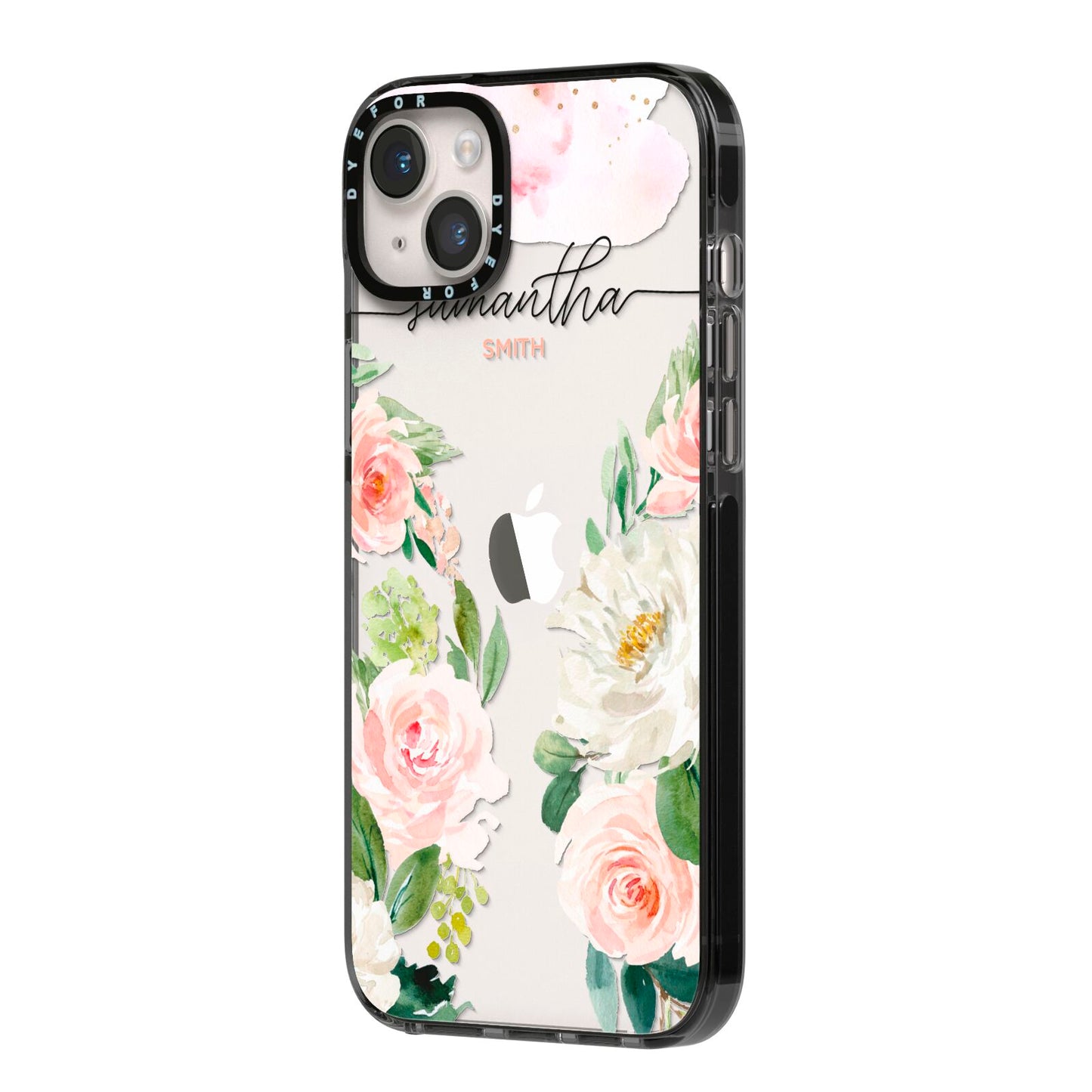 Watercolour Roses Personalised Name iPhone 14 Plus Black Impact Case Side Angle on Silver phone