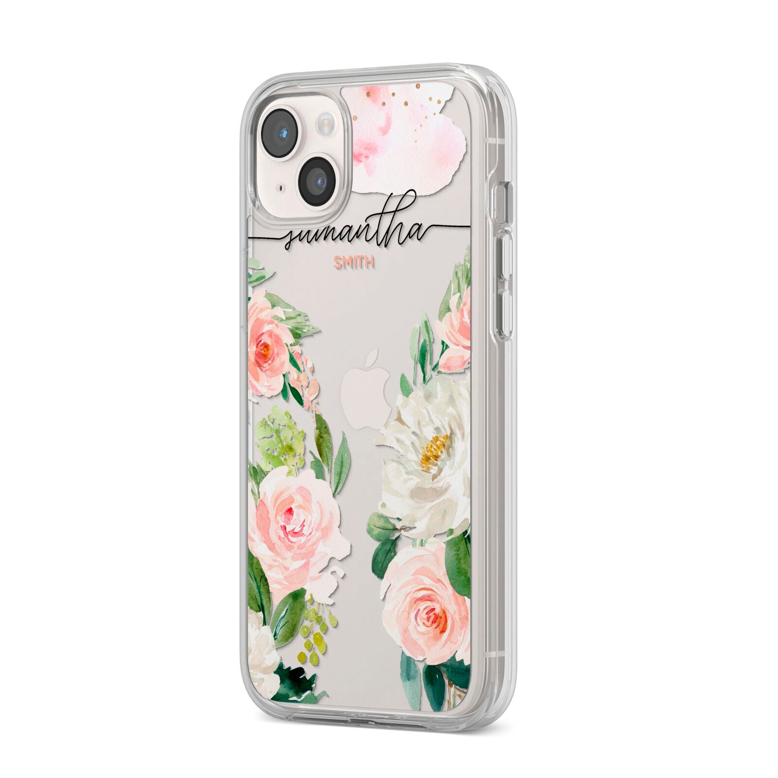 Watercolour Roses Personalised Name iPhone 14 Plus Clear Tough Case Starlight Angled Image