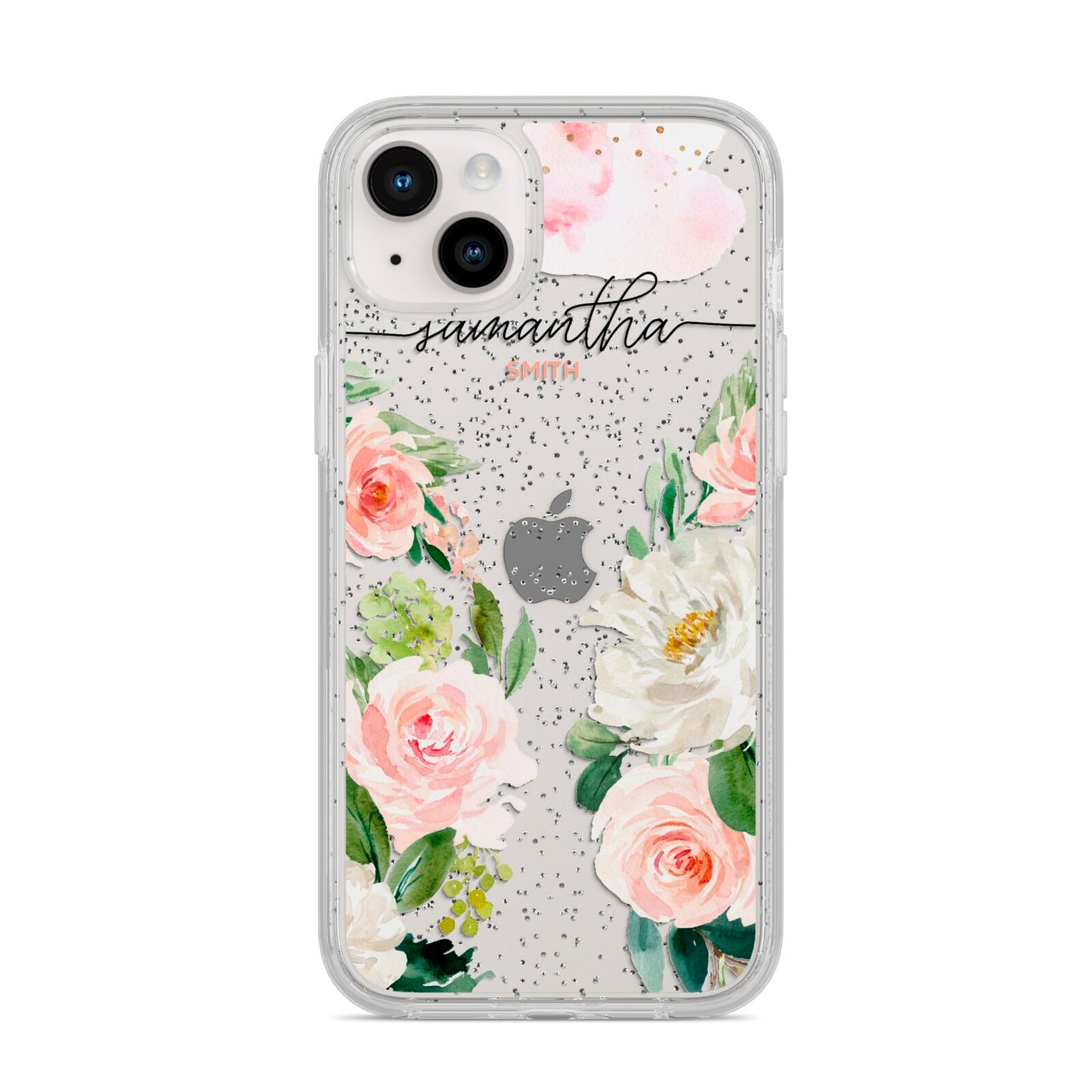 Watercolour Roses Personalised Name iPhone 14 Plus Glitter Tough Case Starlight