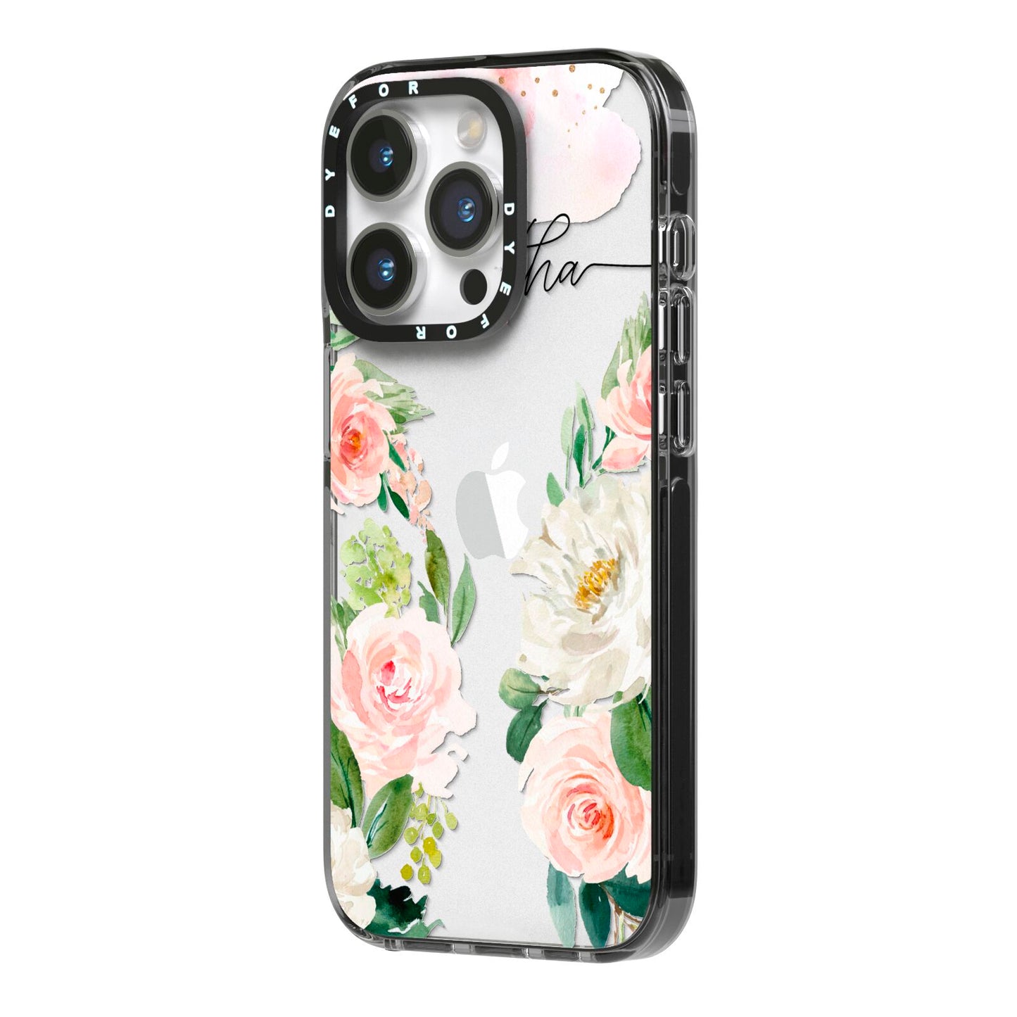 Watercolour Roses Personalised Name iPhone 14 Pro Black Impact Case Side Angle on Silver phone