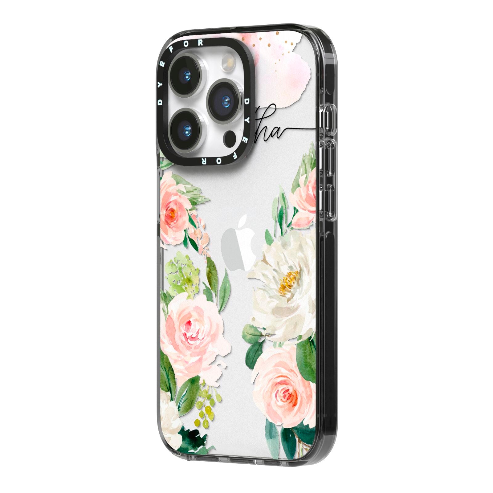 Watercolour Roses Personalised Name iPhone 14 Pro Black Impact Case Side Angle on Silver phone