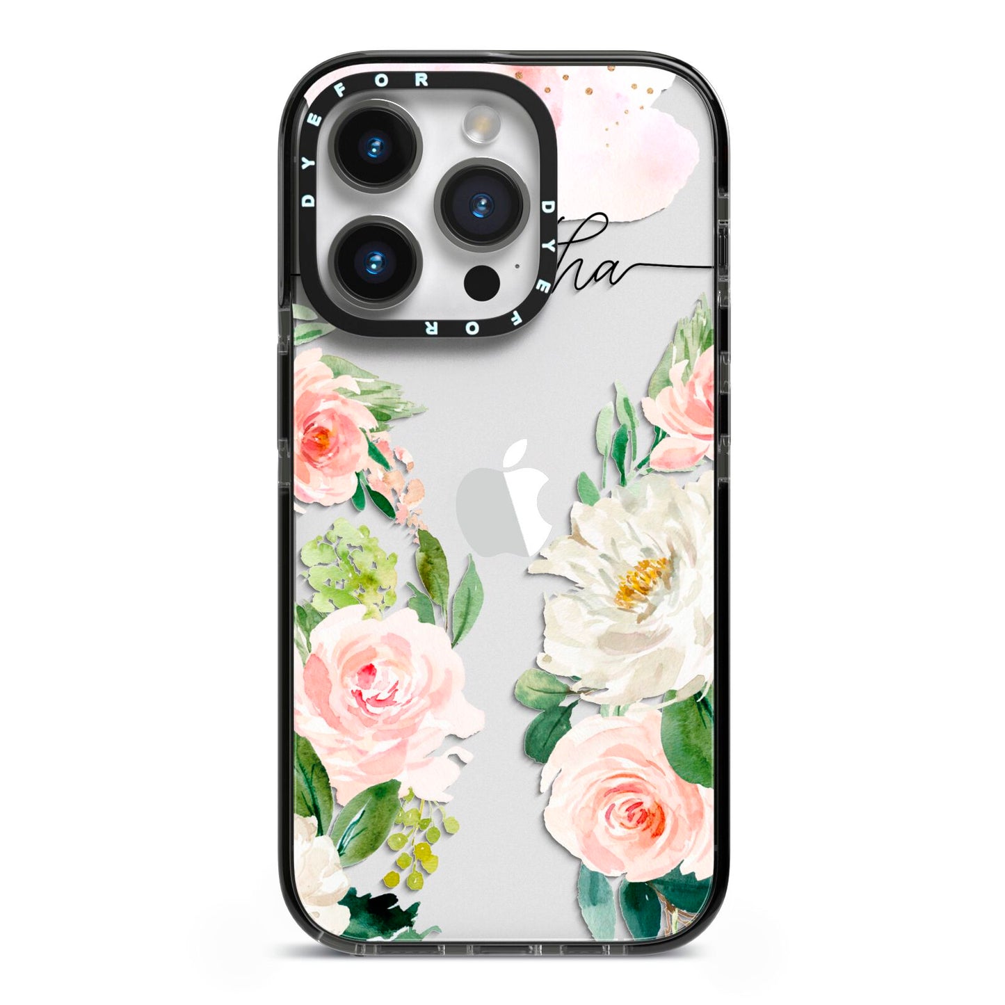 Watercolour Roses Personalised Name iPhone 14 Pro Black Impact Case on Silver phone