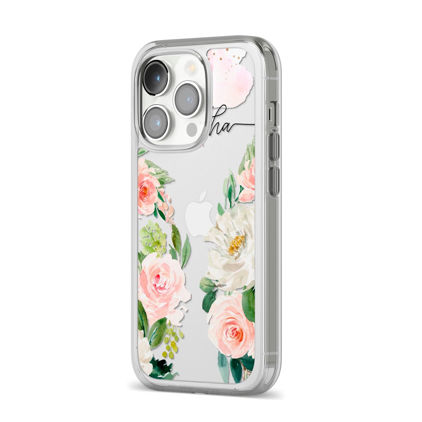 Watercolour Roses Personalised Name iPhone 14 Pro Clear Tough Case Silver Angled Image