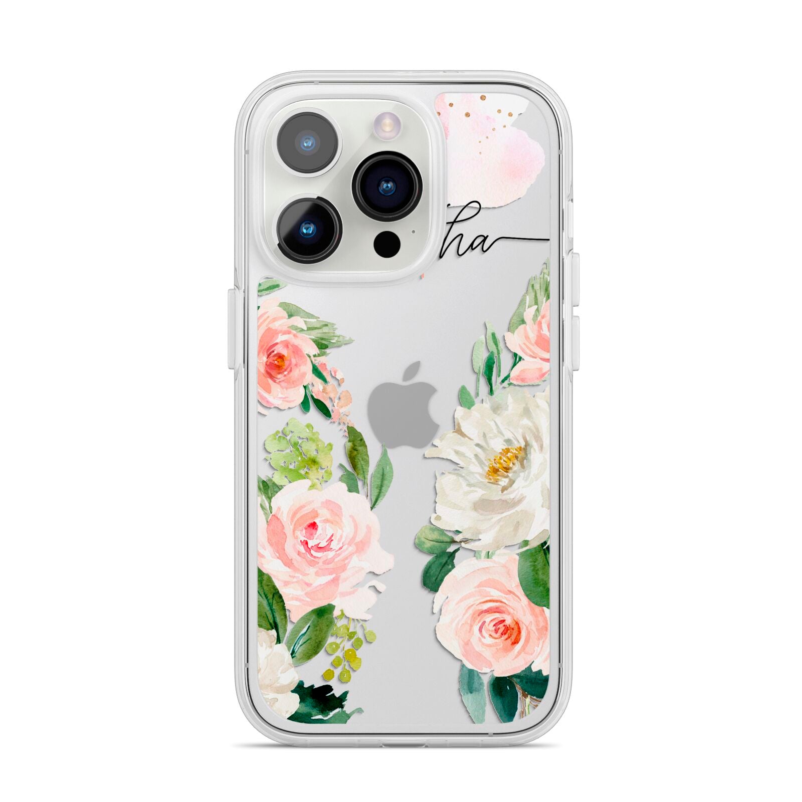 Watercolour Roses Personalised Name iPhone 14 Pro Clear Tough Case Silver