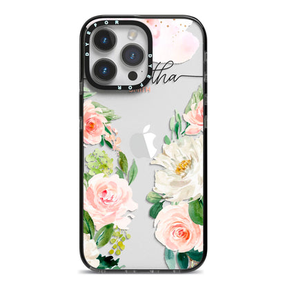 Watercolour Roses Personalised Name iPhone 14 Pro Max Black Impact Case on Silver phone