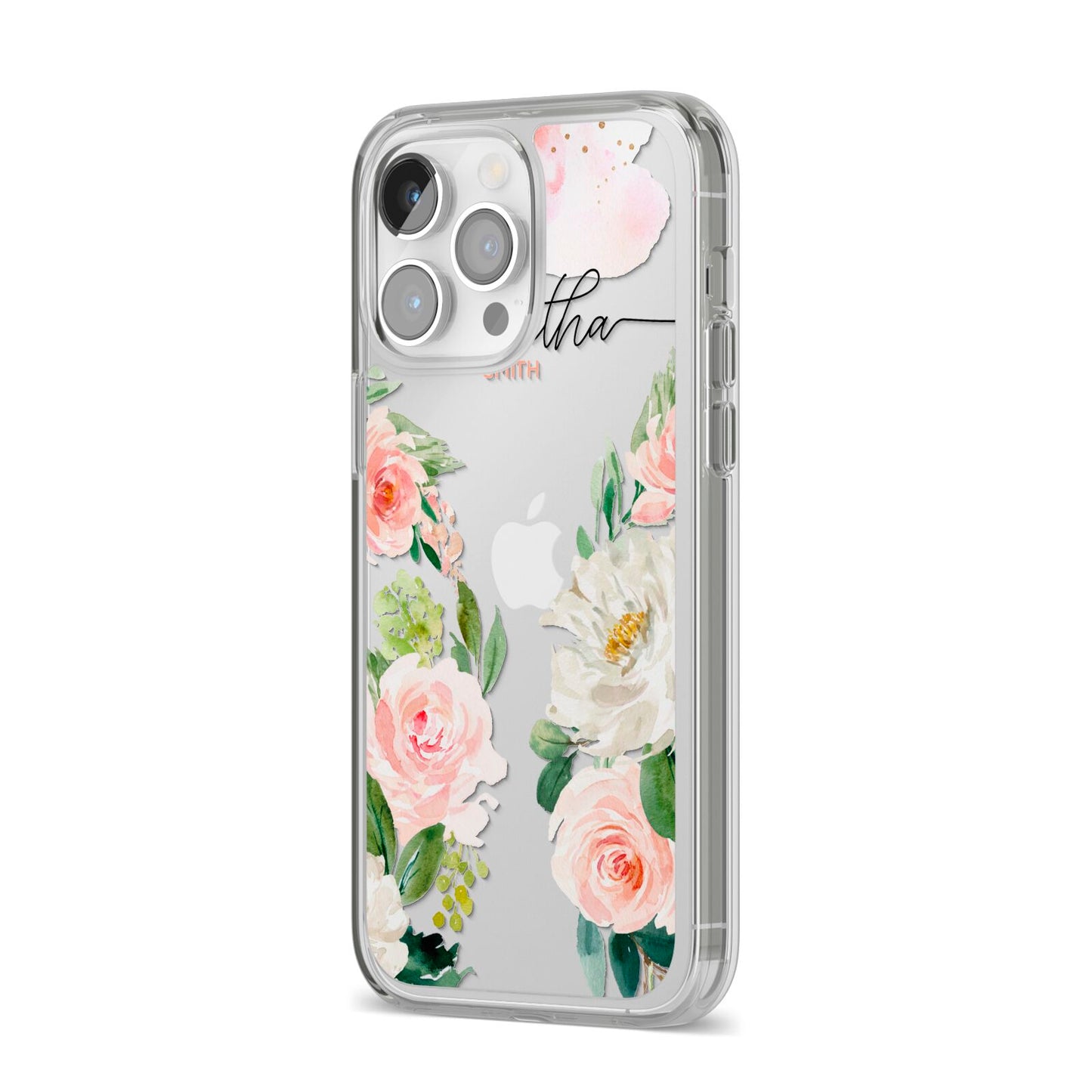 Watercolour Roses Personalised Name iPhone 14 Pro Max Clear Tough Case Silver Angled Image