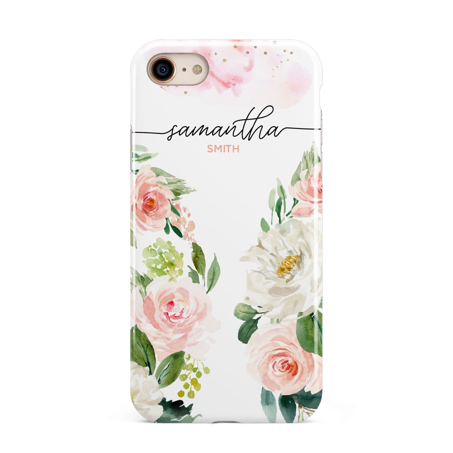 Watercolour Roses Personalised Name iPhone 8 3D Tough Case on Gold Phone